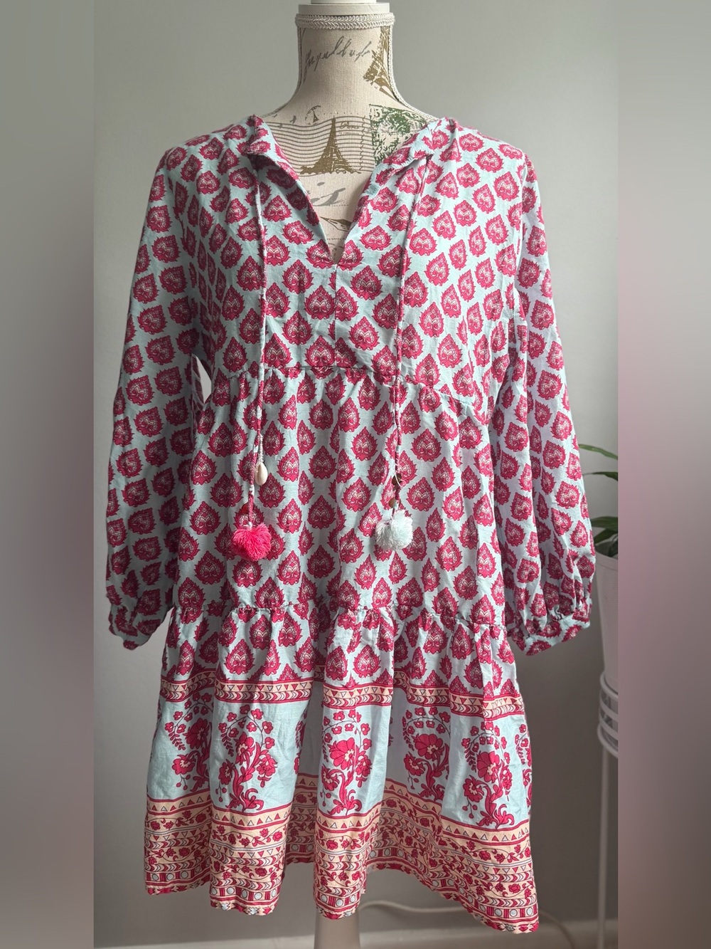 Zara Red Floral Print on Light Blue Tunic dress
